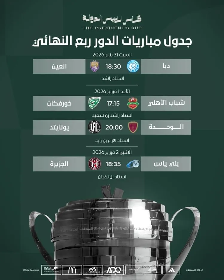 اتحاد الإمارات يعلن مواعيد وملاعب ربع نهائي كأس رئيس الدولة 2025–2026